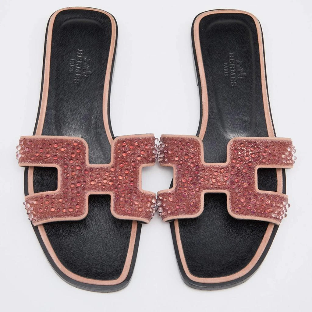 商品[二手商品] Hermes|Hermes Pink Beads Embellished Leather Oran Flat Slides Size 35.5,价格¥4346,第3张图片详细描述