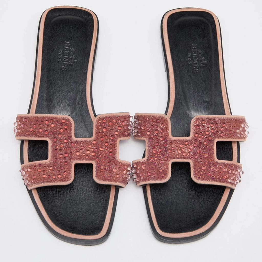 商品[二手商品] Hermes|Hermes Pink Beads Embellished Leather Oran Flat Slides Size 35.5,价格¥4082,第3张图片详细描述