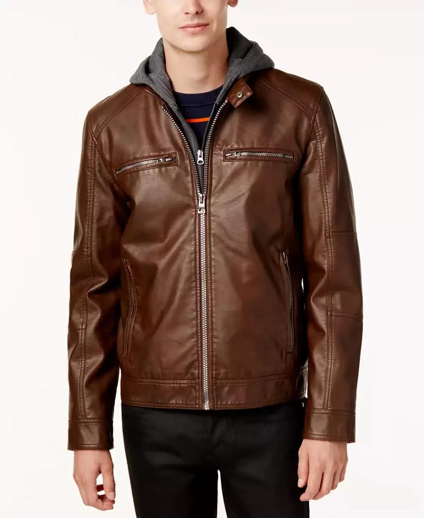 商品GUESS|Men's Faux-Leather Detachable-Hood Motorcycle Jacket,价格¥598,第1张图片