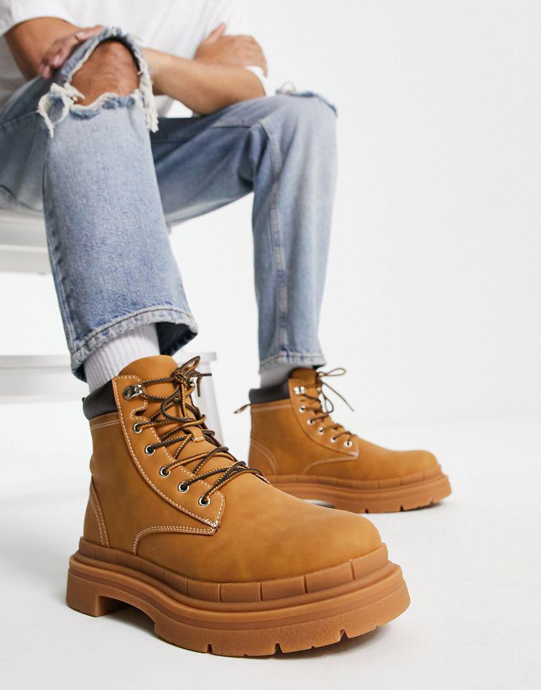 ASOS DESIGN chunky lace up boot in beige with gum sole商品第3张图片规格展示