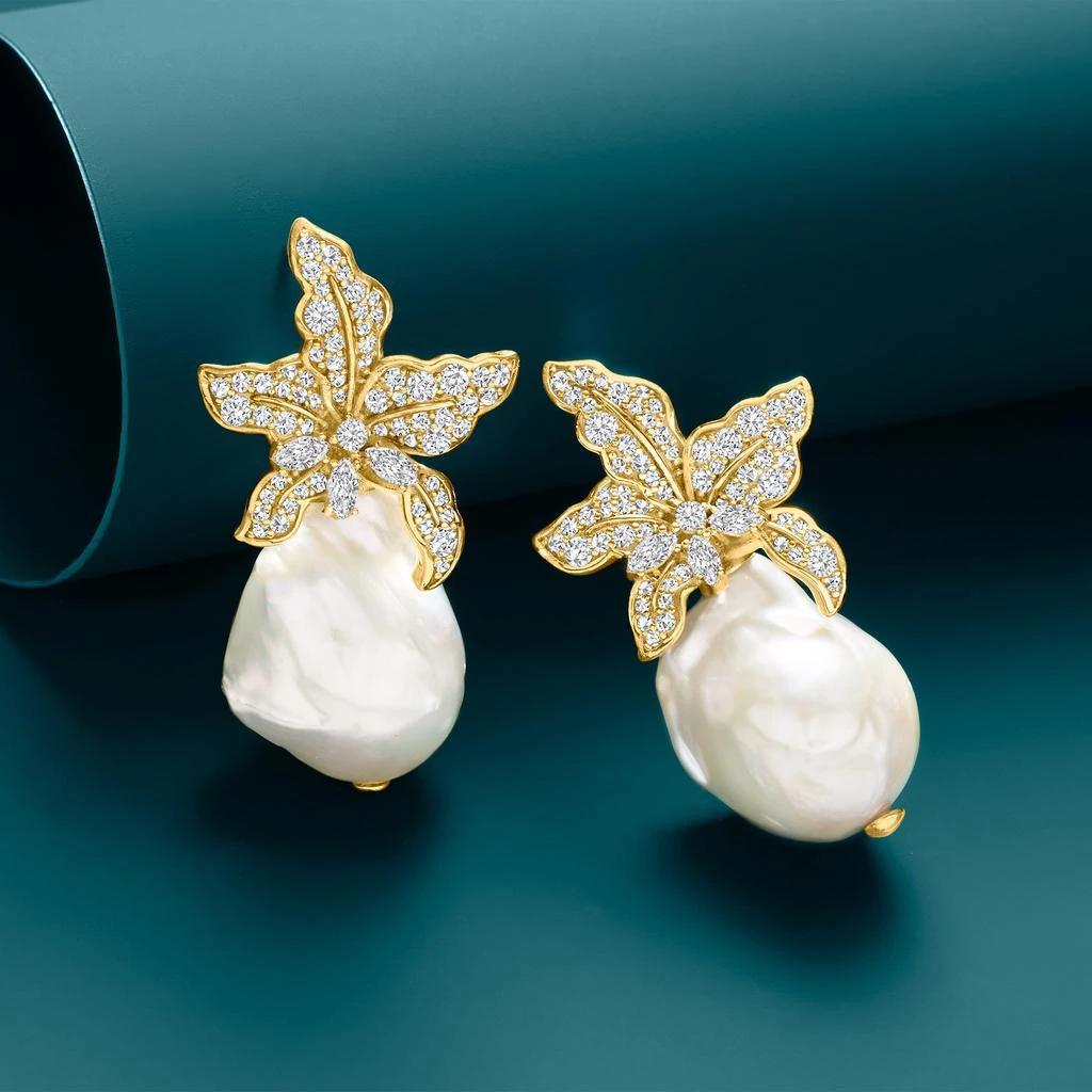 商品Ross-Simons|Ross-Simons Italian 13-18mm Baroque Pearl and CZ Flower Earrings in 18kt Gold Over Sterling,价格¥1260,第3张图片详细描述
