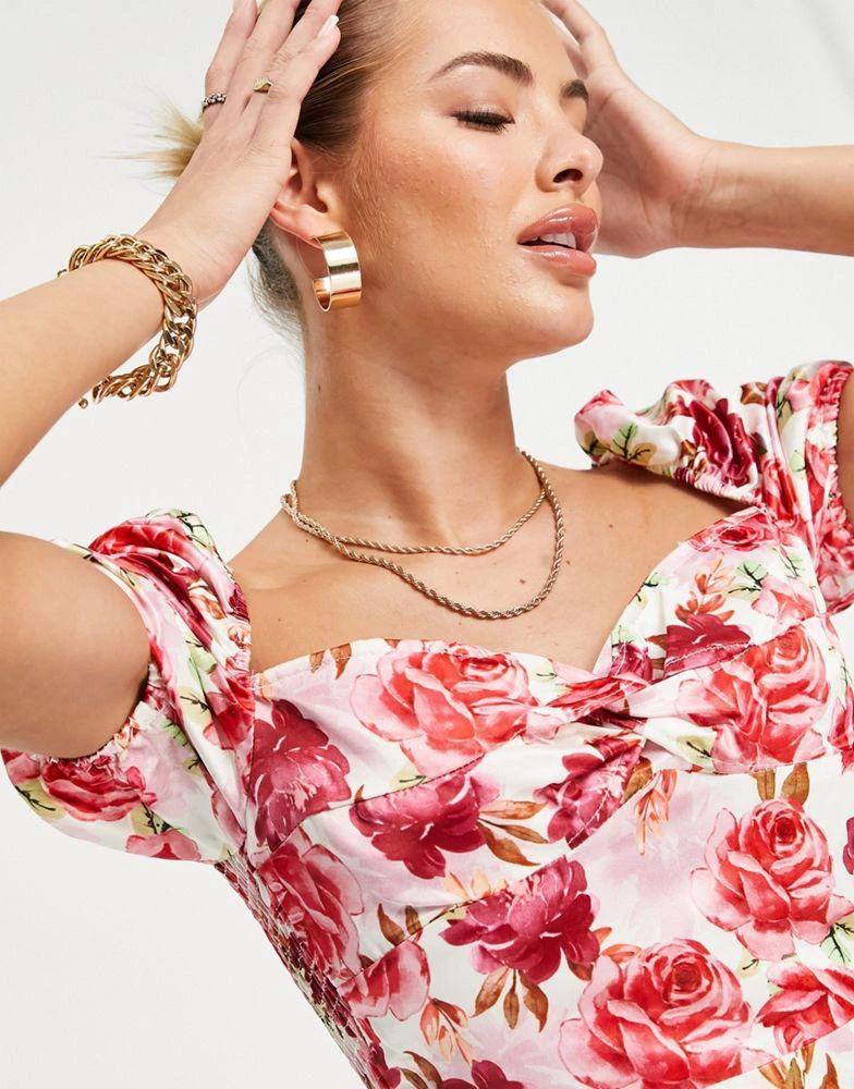 商品I Saw It First|I Saw It First puff sleeve square neck tea dress in pink floral print,价格¥168,第3张图片详细描述