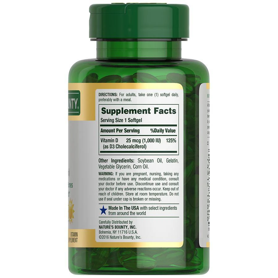 商品Nature's Bounty|Vitamin D3 Rapid Release Softgels, 1000 IU,价格¥133,第4张图片详细描述