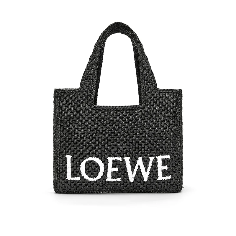 商品Loewe|罗意威 23春夏 新进Tote女士小号黑色拉菲草字体托特包/编织包/手提包 A685B59X01-1100,价格¥7654,第1张图片