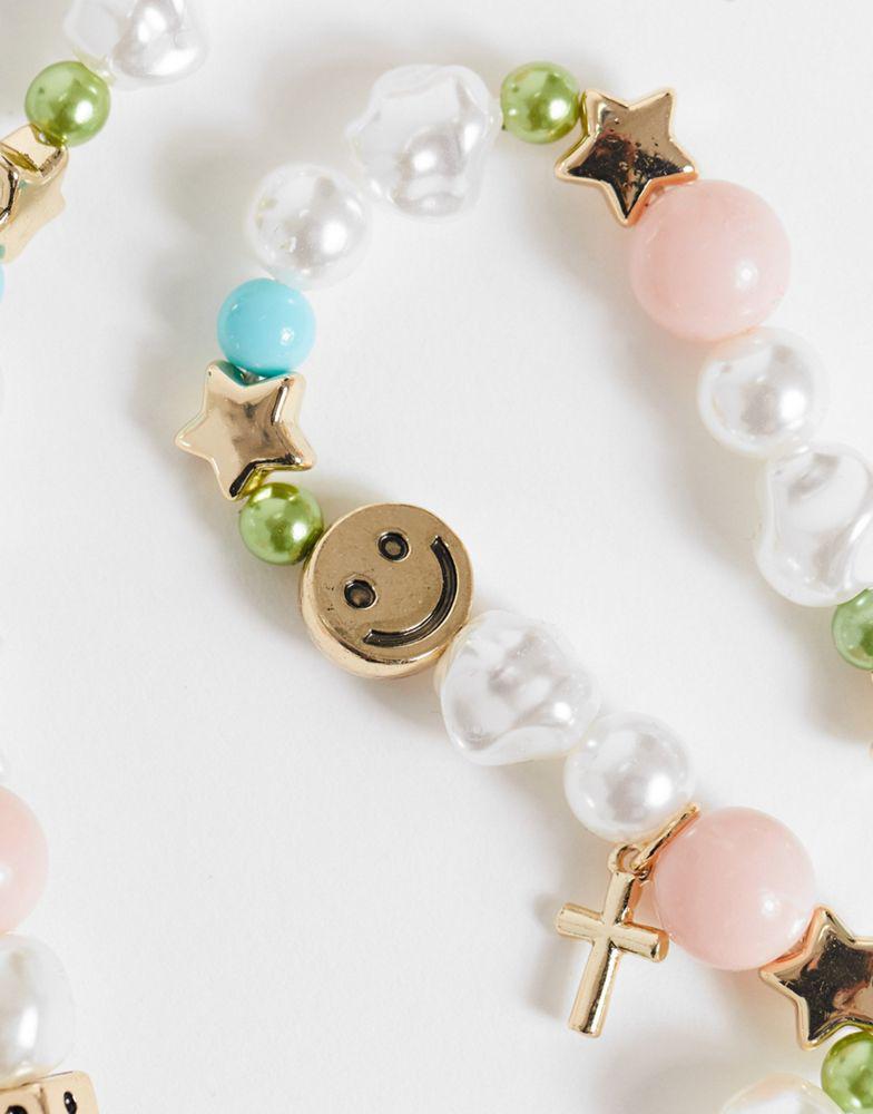 ASOS DESIGN bead necklace with dice and happy face charm in pastel colours商品第2张图片规格展示