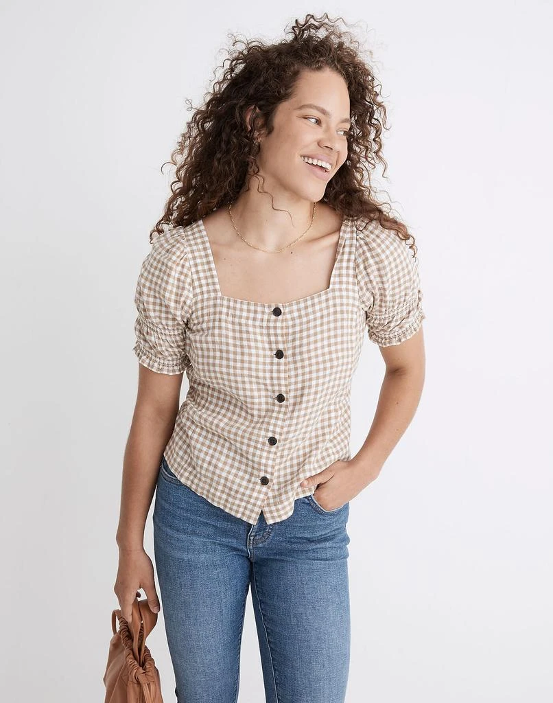 商品Madewell|Linen-Blend Square-Neck Puff-Sleeve Top in Gingham Check,价格¥318,第1张图片