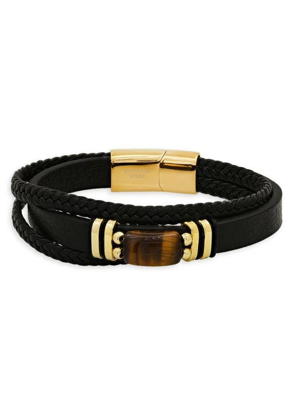 商品Anthony Jacobs|Stainless Steel, Tiger Eye & Leather Bracelet,价格¥534,第3张图片详细描述