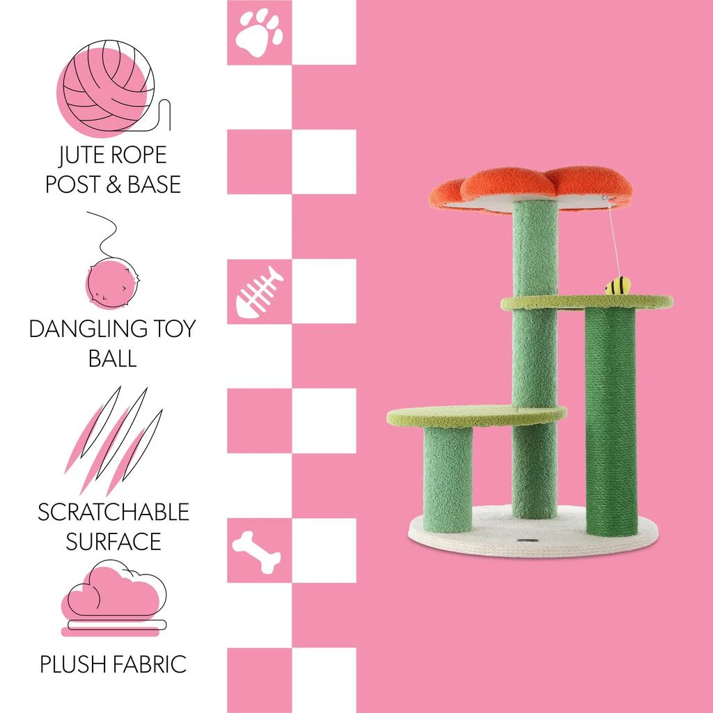 Poppy 29" 3-Tier Modern Jute Flower Cat Tree with Dangling Toy, Orange/Green 商品