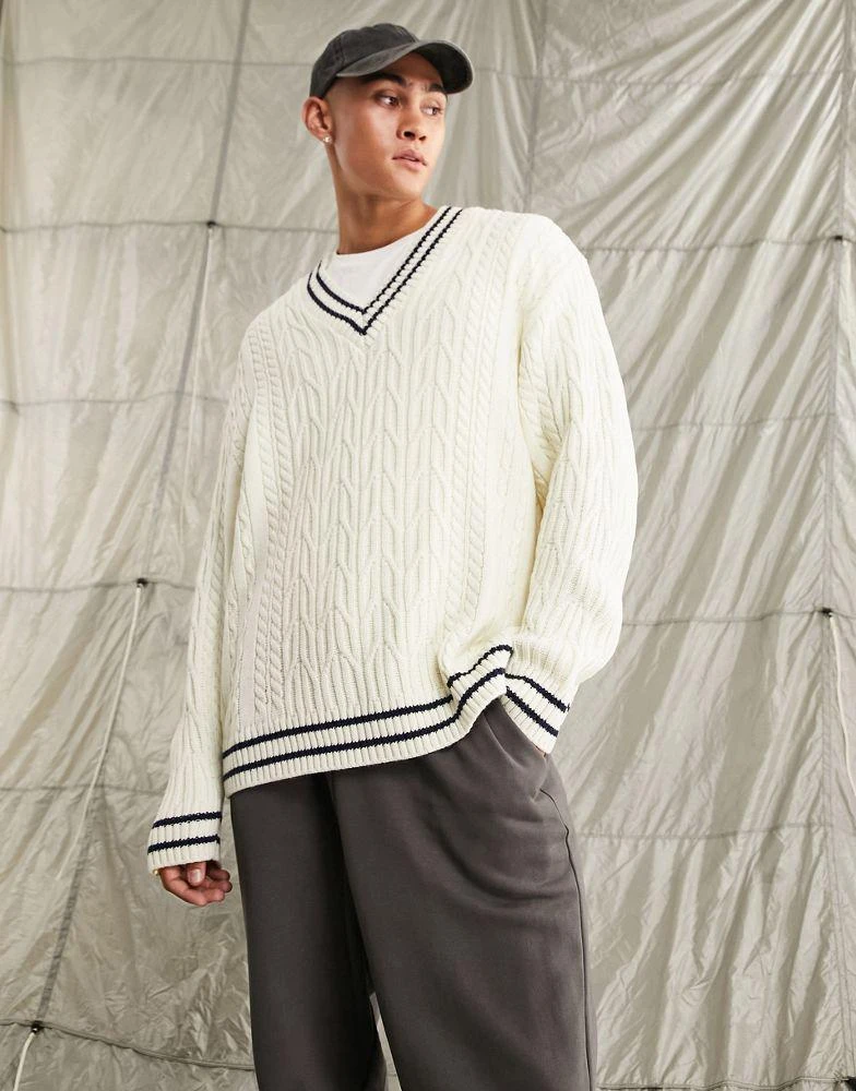 商品ASOS|ASOS DESIGN cable knit cricket jumper in off white and navy tipping,价格¥245,第1张图片