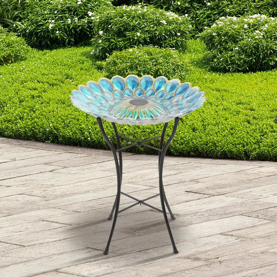 商品Teamson|Home 18" Outdoor Solar Glass Flower Mosaic Birdbath with LED Lights and Stand,价格¥477,第3张图片详细描述