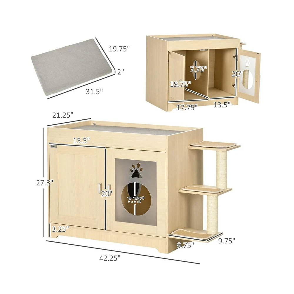 商品PawHut|3-in-1 Cat Litter Box Enclosure & Elevated Cat Bed Tree with Scratching Posts for Large & Small Kitties, Hidden Cat Litter Cabinet with Double Doors, Soft Cushion,价格¥1344,第2张图片详细描述
