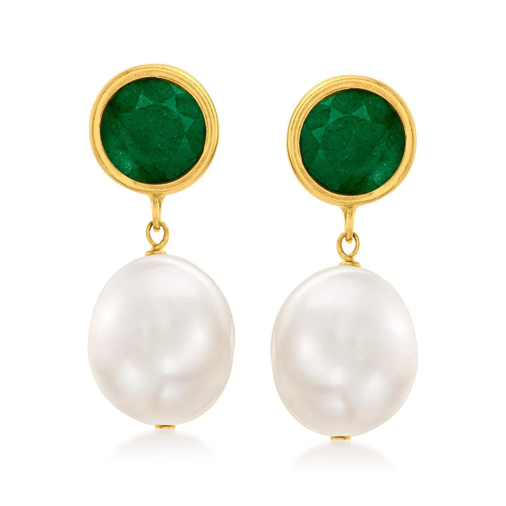 商品Ross-Simons|9.5-10mm Cultured Pearl and Emerald Drop Earrings in 14kt Yellow Gold,价格¥1254,第1张图片