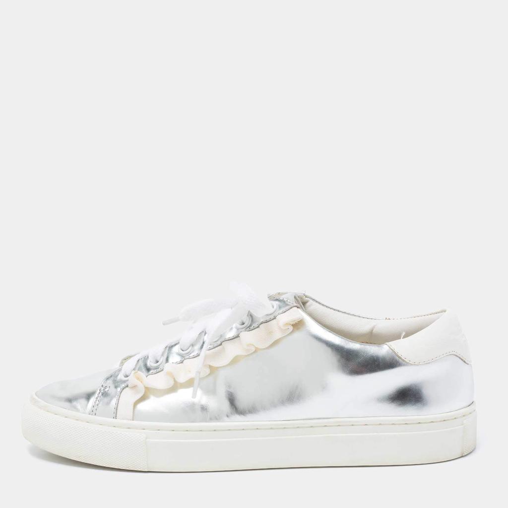 Tory Burch Silver/White Leather Tory Sport Ruffle Low Top Sneakers Size 38.5商品第1张图片规格展示