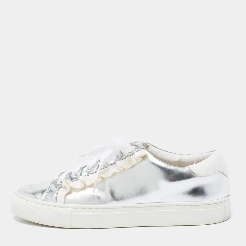 商品[二手商品] Tory Burch|Tory Burch Silver/White Leather Tory Sport Ruffle Low Top Sneakers Size 38.5,价格¥814,第1张图片