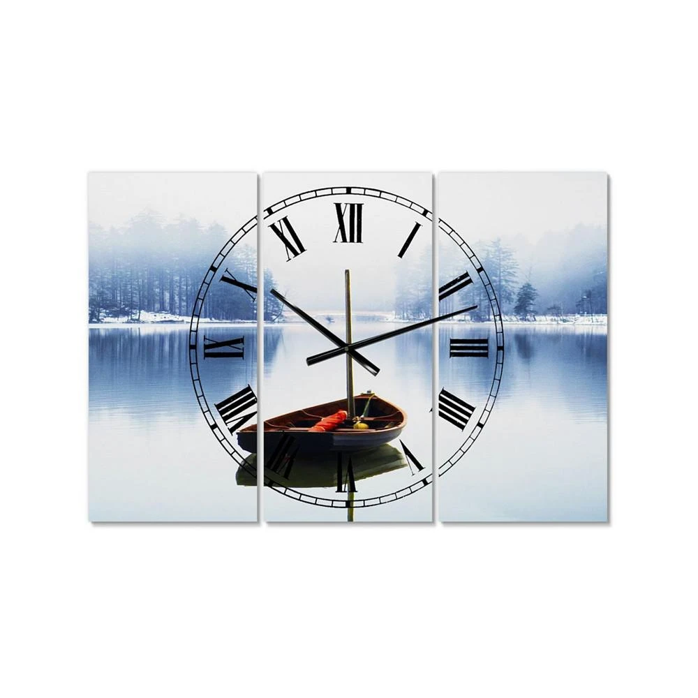 商品Designart|Empty Boat On Blue Lake Oversized Lake House 3 Panels Wall Clock - 38" x 38" x 1",价格¥1861,第1张图片