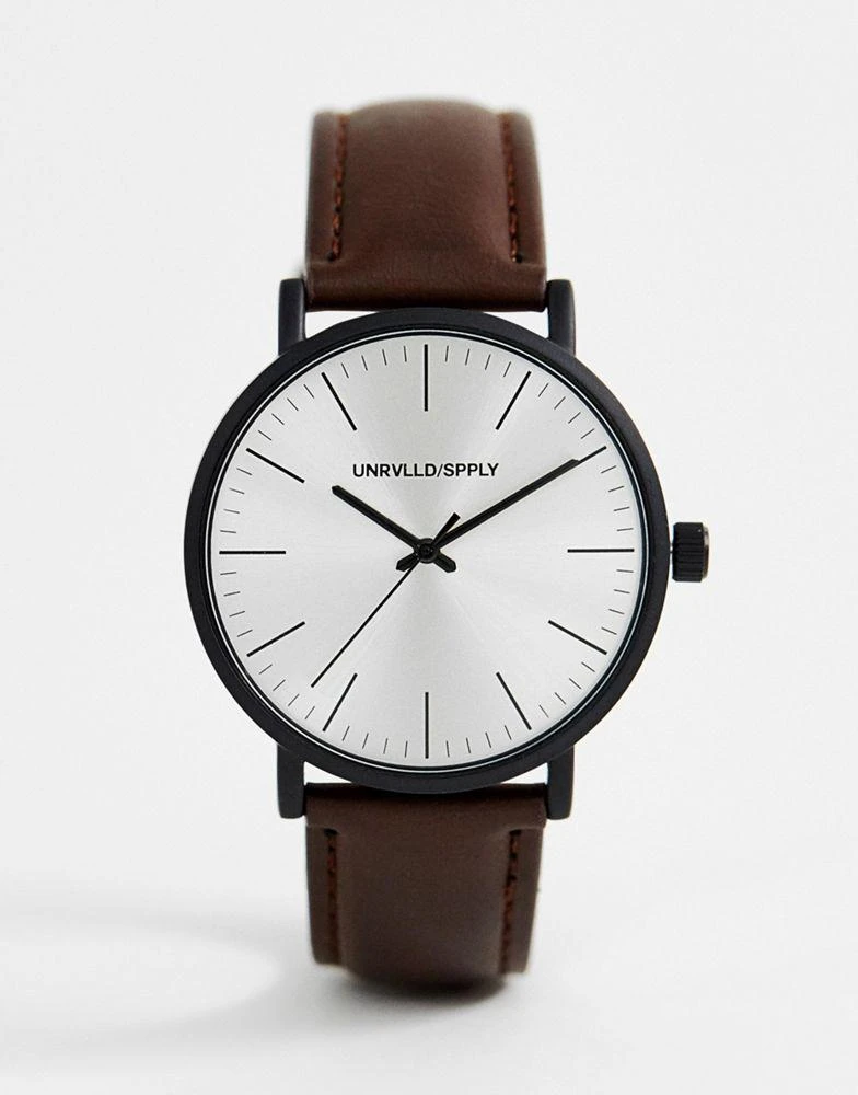 商品ASOS|ASOS DESIGN classic watch with matte black case and faux leather strap in brown,价格¥133,第1张图片