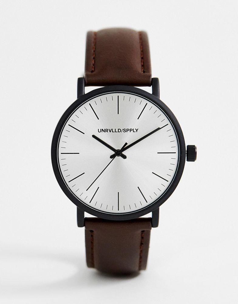 商品ASOS|ASOS DESIGN classic watch with matte black case and faux leather strap in brown,价格¥158,第1张图片