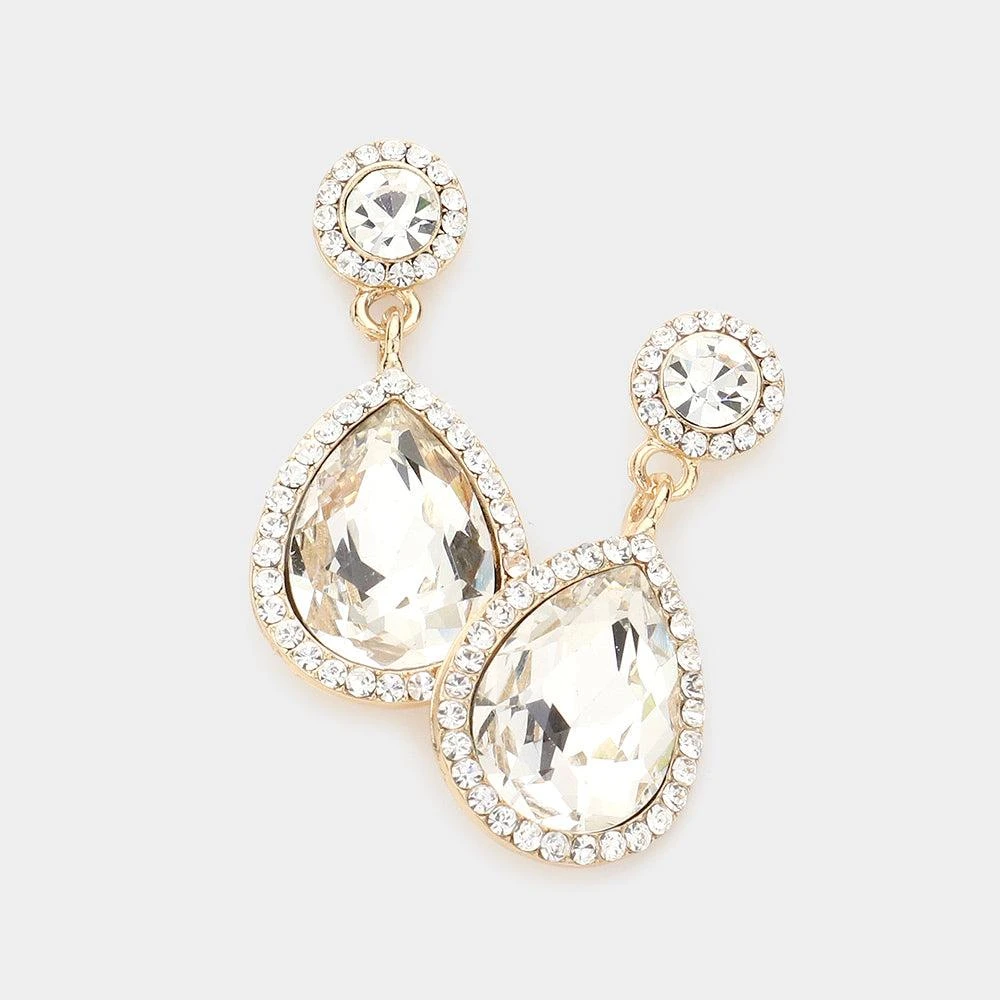 商品FASHNZFAB|Rhinestone Trim Teardrop Crystal Evening Earrings - Gold,价格¥204,第1张图片详细描述