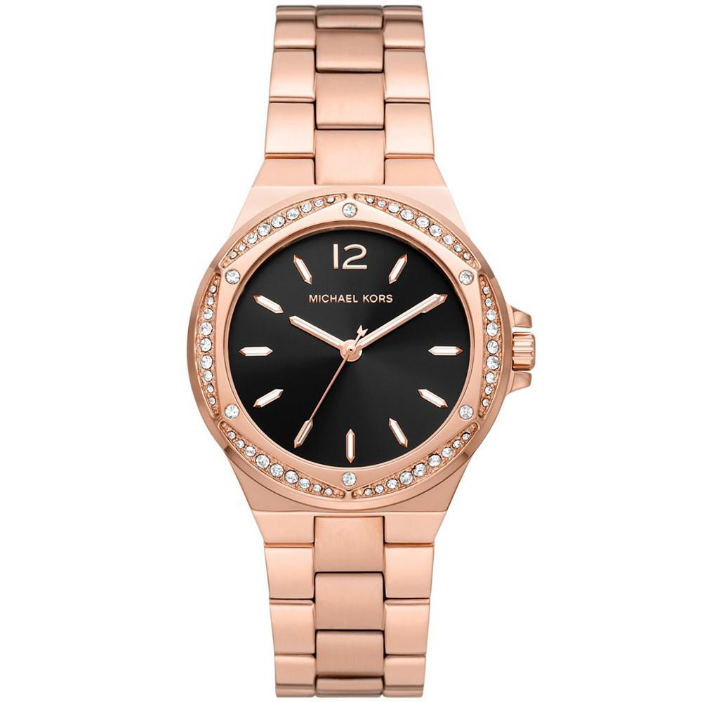 商品Michael Kors|Women's Lennox Three Hand Rose Gold-Tone Stainless Steel Bracelet Watch 37mm,价格¥917,第1张图片