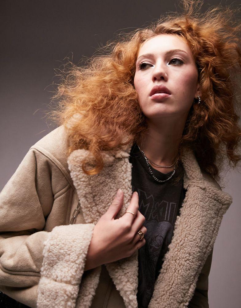 Topshop faux shearling car coat in taupe商品第2张图片规格展示