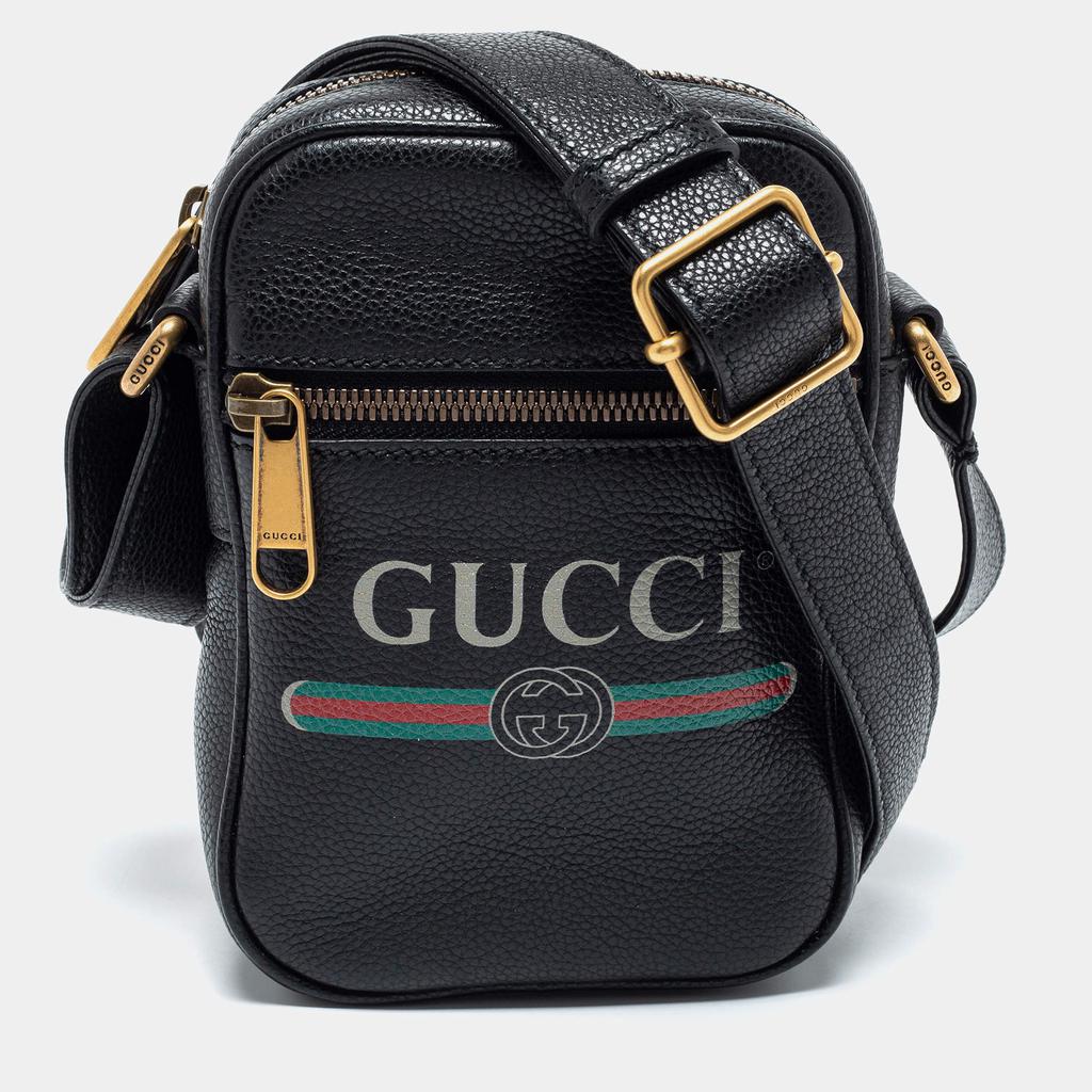 Gucci Black Leather Logo Print Messenger Bag商品第1张图片规格展示