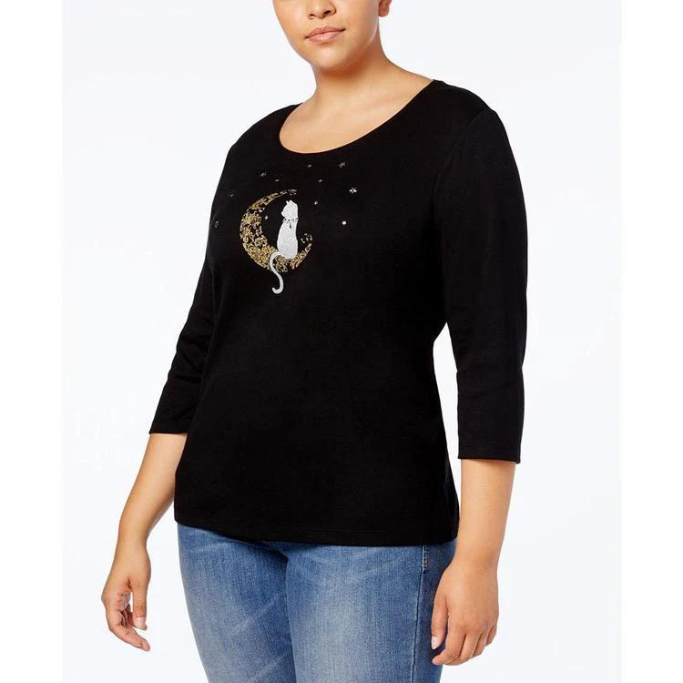 商品Karen Scott|Plus Size Cotton Cat Graphic Top, Created for Macy's,价格¥75,第2张图片详细描述