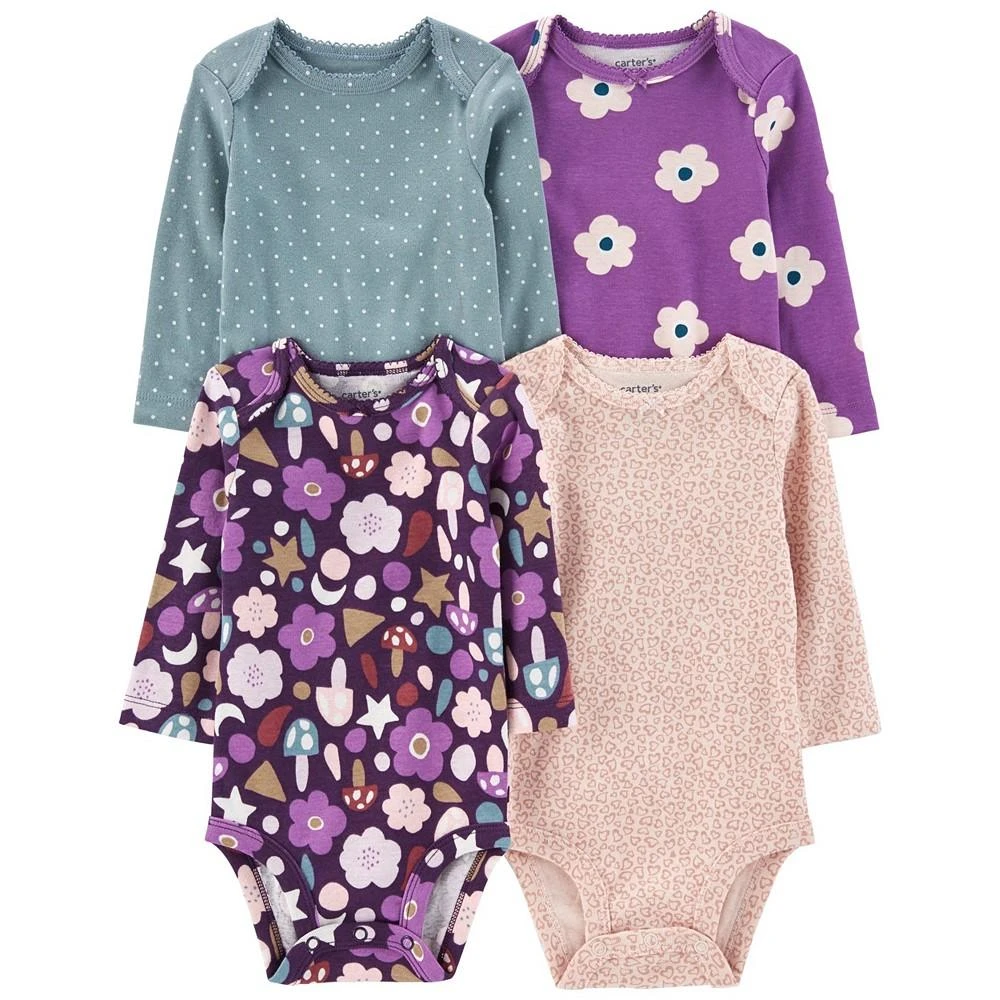 商品Carter's|Baby Girls Floral Printed Long Sleeved Bodysuits, Pack of 4,价格¥133,第1张图片