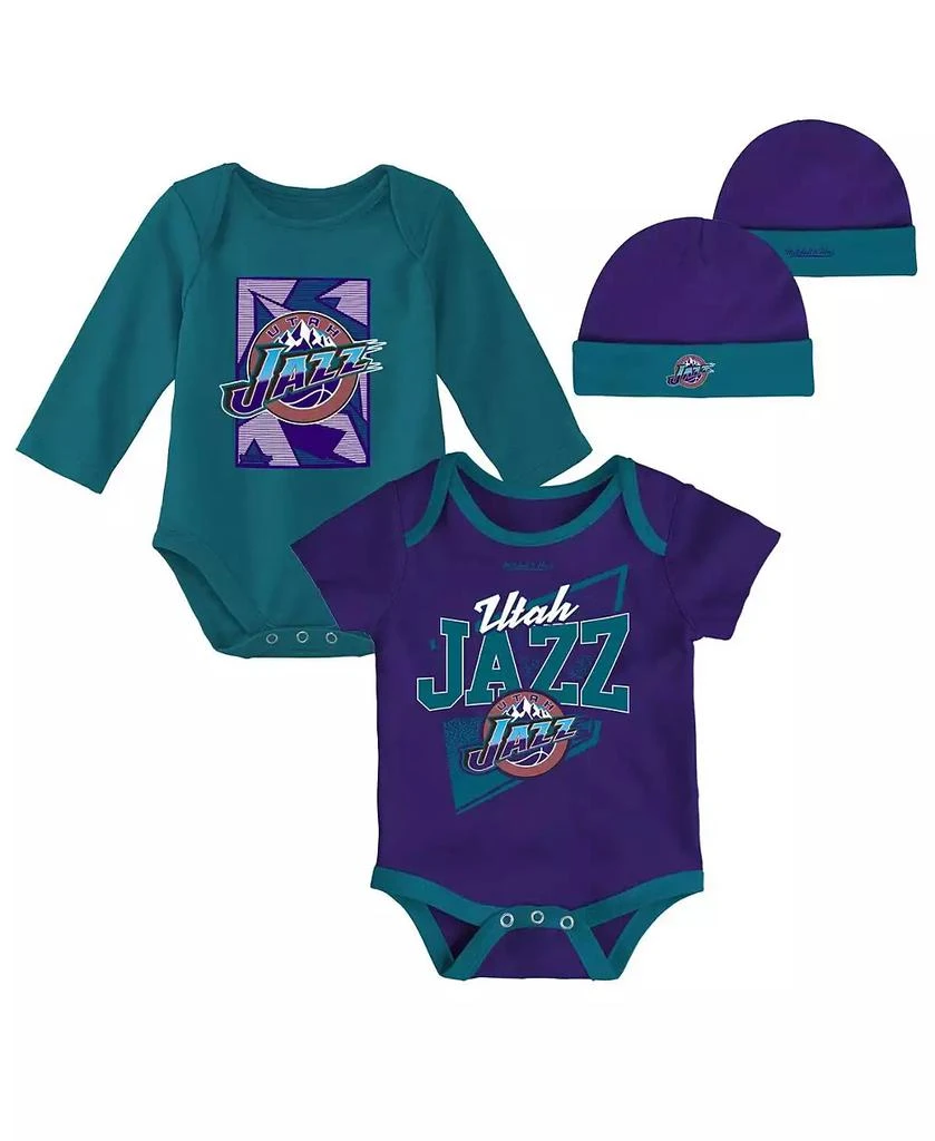 商品Mitchell & Ness|Infant Boys and Girls Purple, Teal Utah Jazz Hardwood Classics Bodysuits and Cuffed Knit Hat Set,价格¥306,第3张图片详细描述