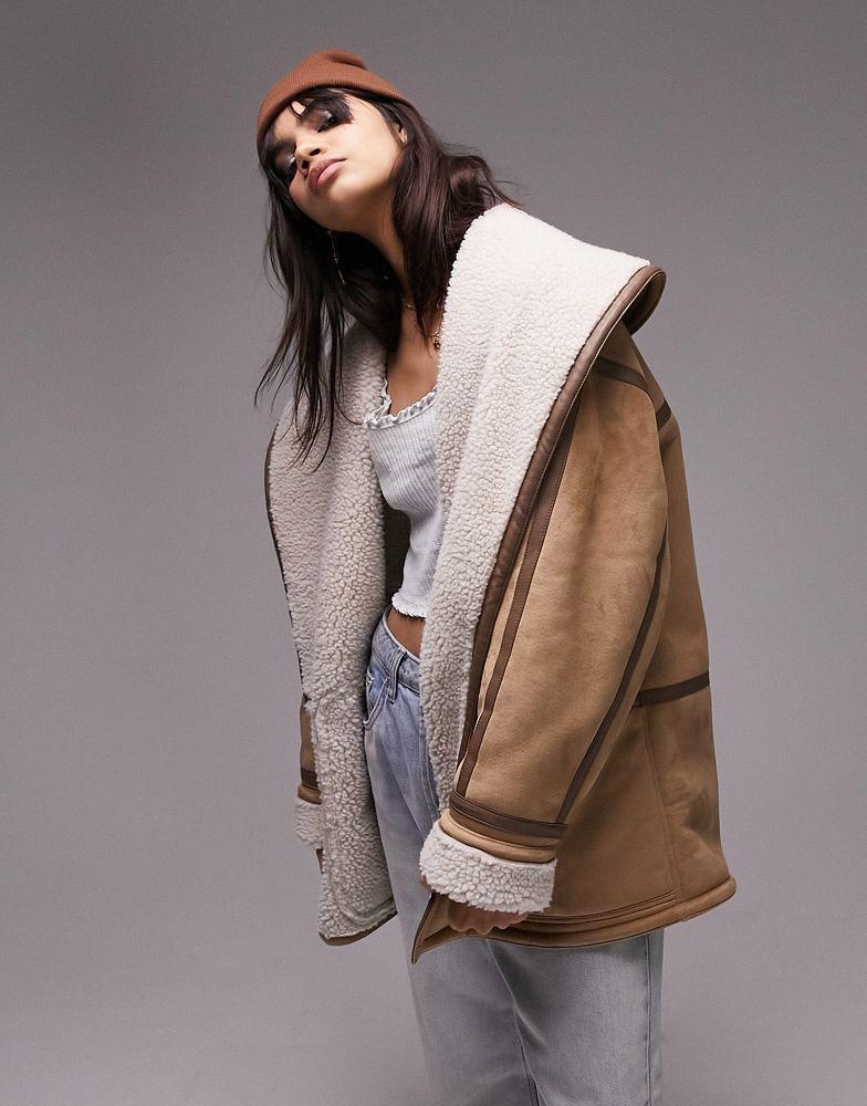 Topshop oversized faux shearling car coat in tan商品第2张图片规格展示