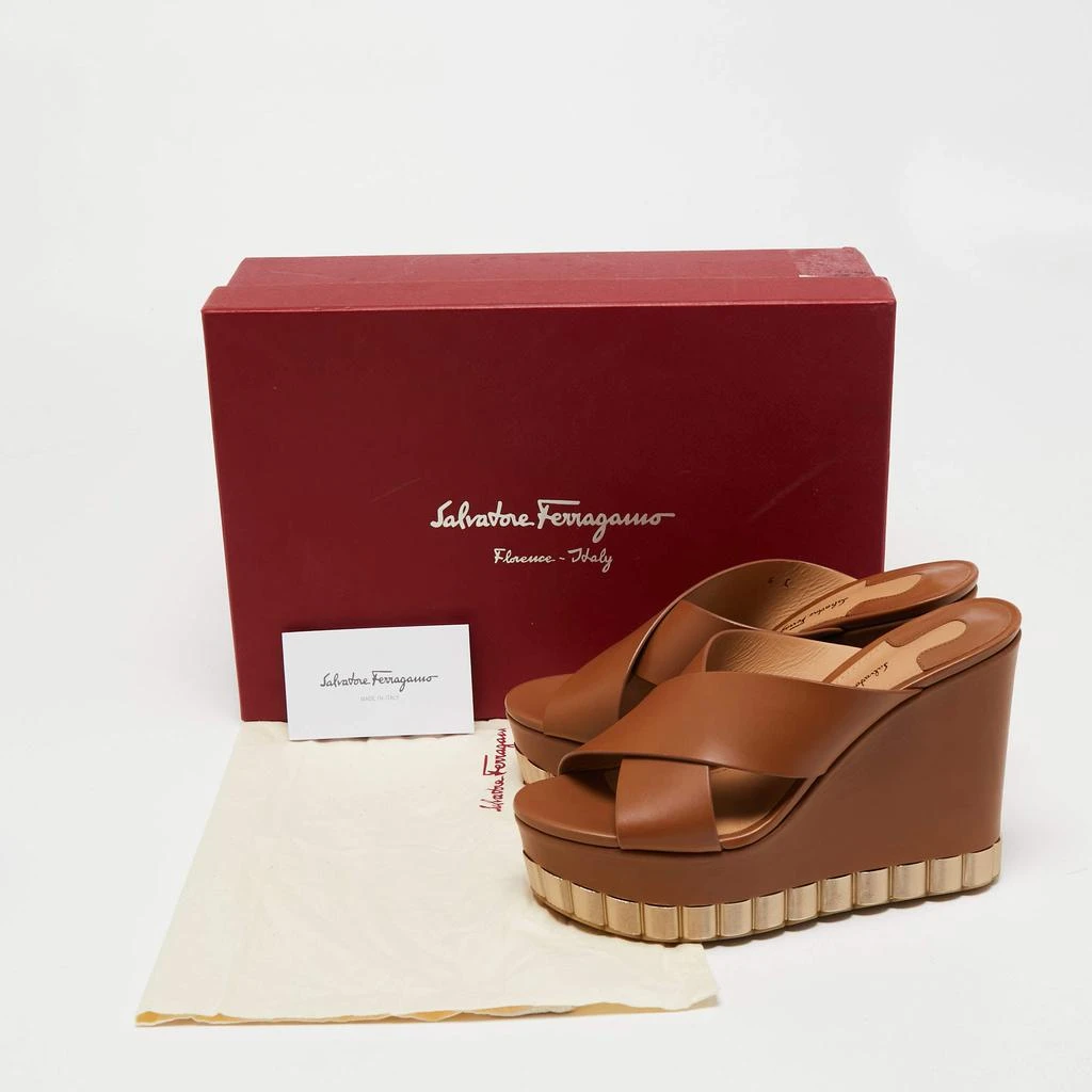 Salvatore Ferragamo Brown Leather Cross Strap Wedge Sandals Size 36.5 商品