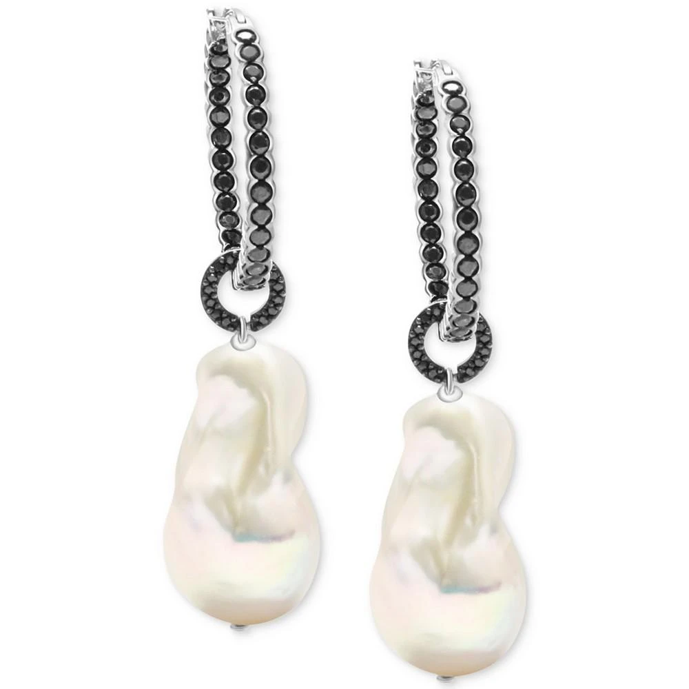 商品Macy's|Cultured Freshwater Baroque Pearl (13-15mm) & Black Spinel (2-3/4 ct. t.w.) Dangle Hoop Earrings in Sterling Silver,价格¥3192,第1张图片