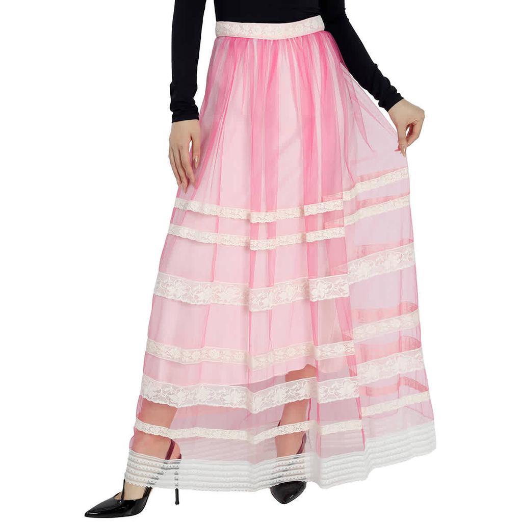 Ladies Bright Pink Floral Lace-trim Tulle Maxi Skirt商品第1张图片规格展示