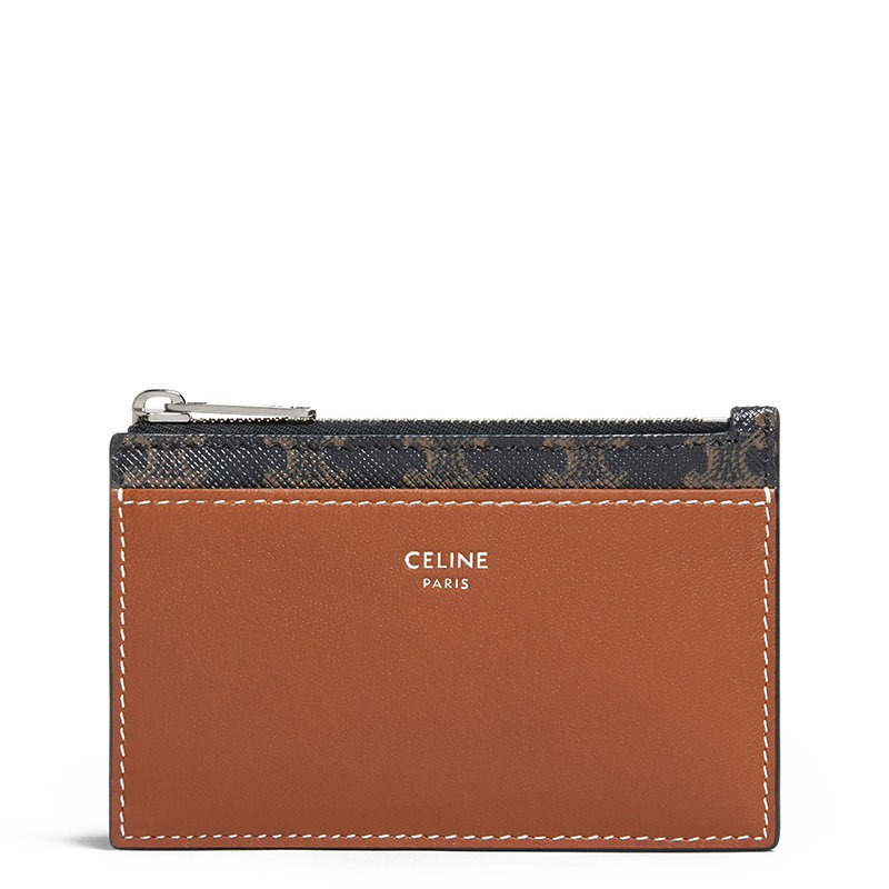 商品Celine|【预售3-7天】CELINE/赛琳 21春夏新款 男士老花凯旋帆布棕褐色羊皮饰边银色拉链卡包卡片夹10F992BZ9.04LI,价格¥2274,第1张图片