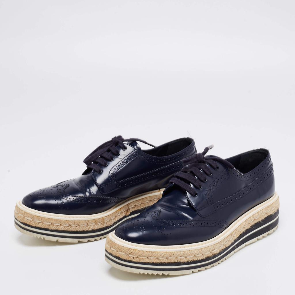 Prada Navy Blue Brogue Leather Derby Lace-Up Espadrille Sneakers Size 39商品第2张图片规格展示