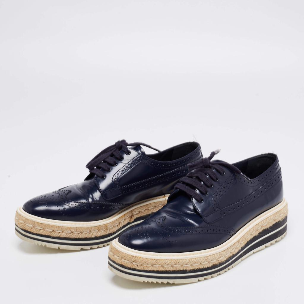 商品[二手商品] Prada|Prada Navy Blue Brogue Leather Derby Lace-Up Espadrille Sneakers Size 39,价格¥2648,第4张图片详细描述