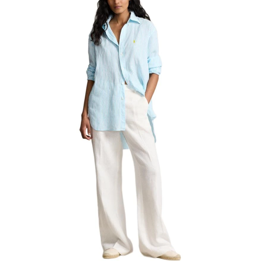 商品[国内直发] Ralph Lauren|SS24 条纹Logo刺绣宽松单排扣长袖衬衫 女款 绿松石色,价格¥1363,第3张图片详细描述