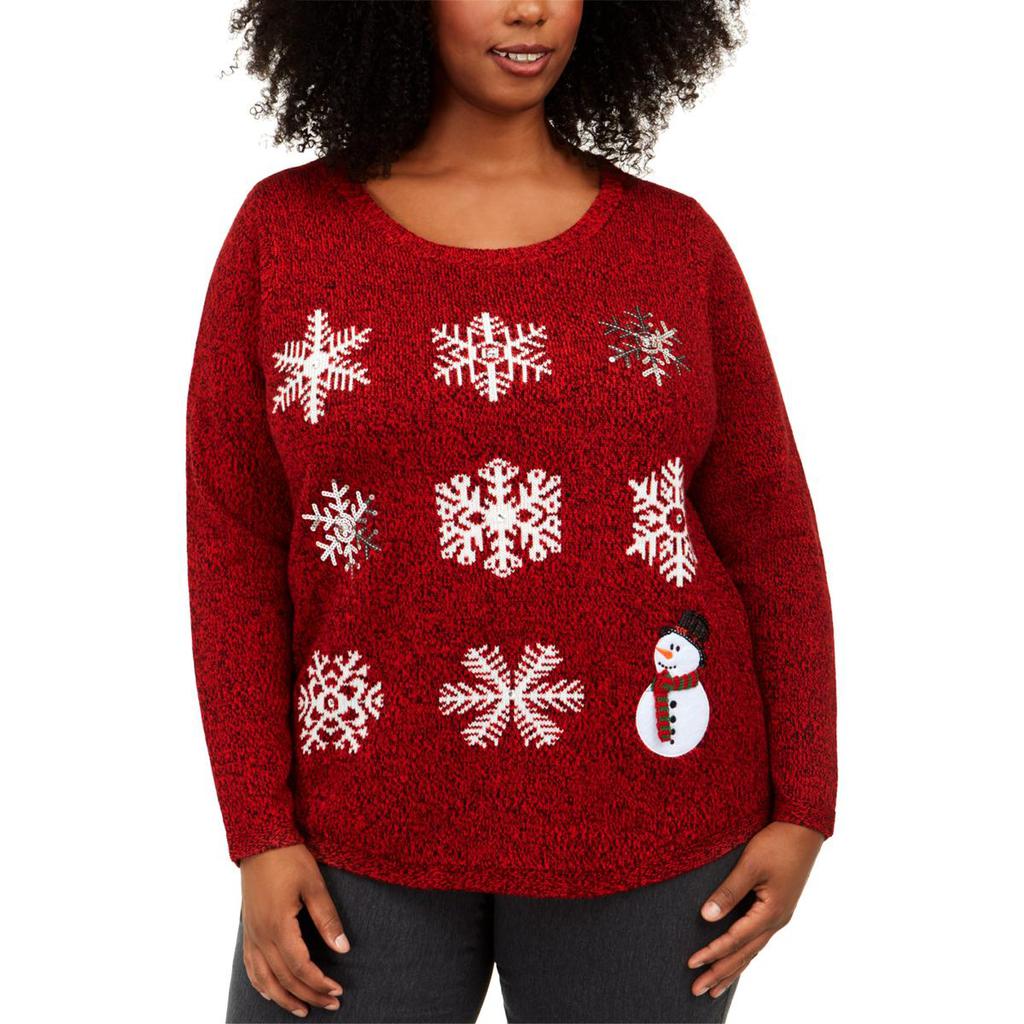 Karen Scott Womens Plus Unique Snowflake Sequined Festive Christmas Sweater商品第1张图片规格展示
