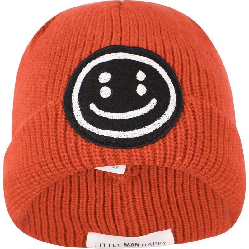 商品Little Man Happy|Appliqued smile ribbed winter beanie in rusty red,价格¥456,第2张图片详细描述