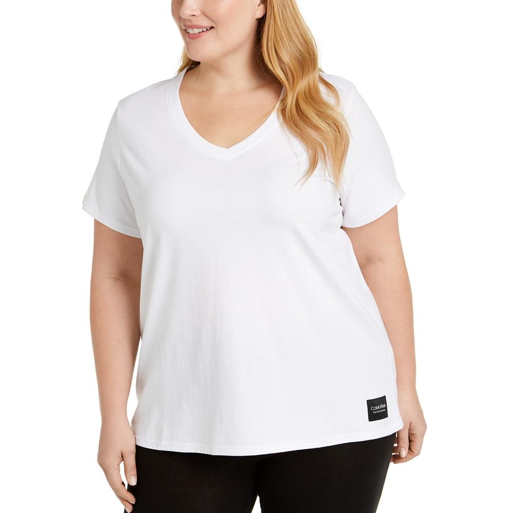 Plus Size Logo Patch V-Neck T-Shirt商品第1张图片规格展示