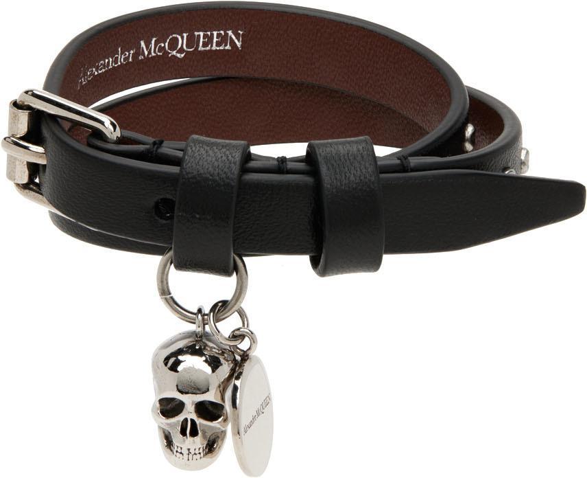 商品Alexander McQueen|Black & Silver Double Wrap Studded Skull Bracelet,价格¥1883,第1张图片