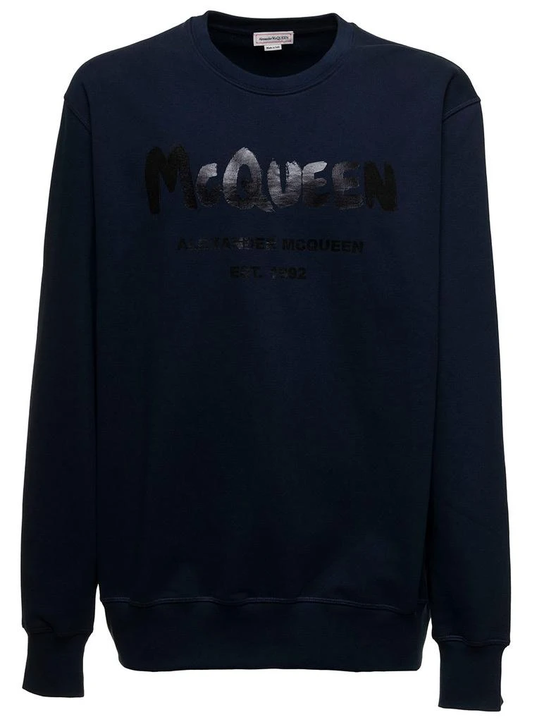 商品Alexander McQueen|Blue Fleece Cotton Sweatshirt With Tone-on-tone Logo Print On The Front Alexander Mcqueen Man,价格¥3406,第1张图片