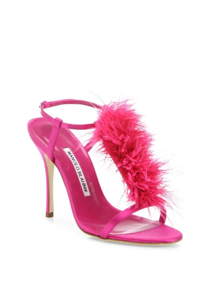 商品Manolo Blahnik|Eila Feather-Trimmed Satin T-Strap Sandals,价格¥2683,第1张图片