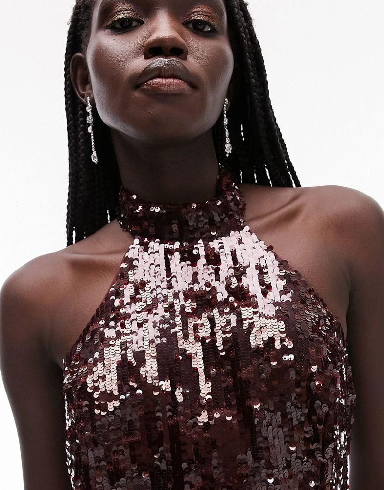 商品Topshop|Topshop sequin halter asymmetric midi dress in burgundy,价格¥426,第2张图片详细描述