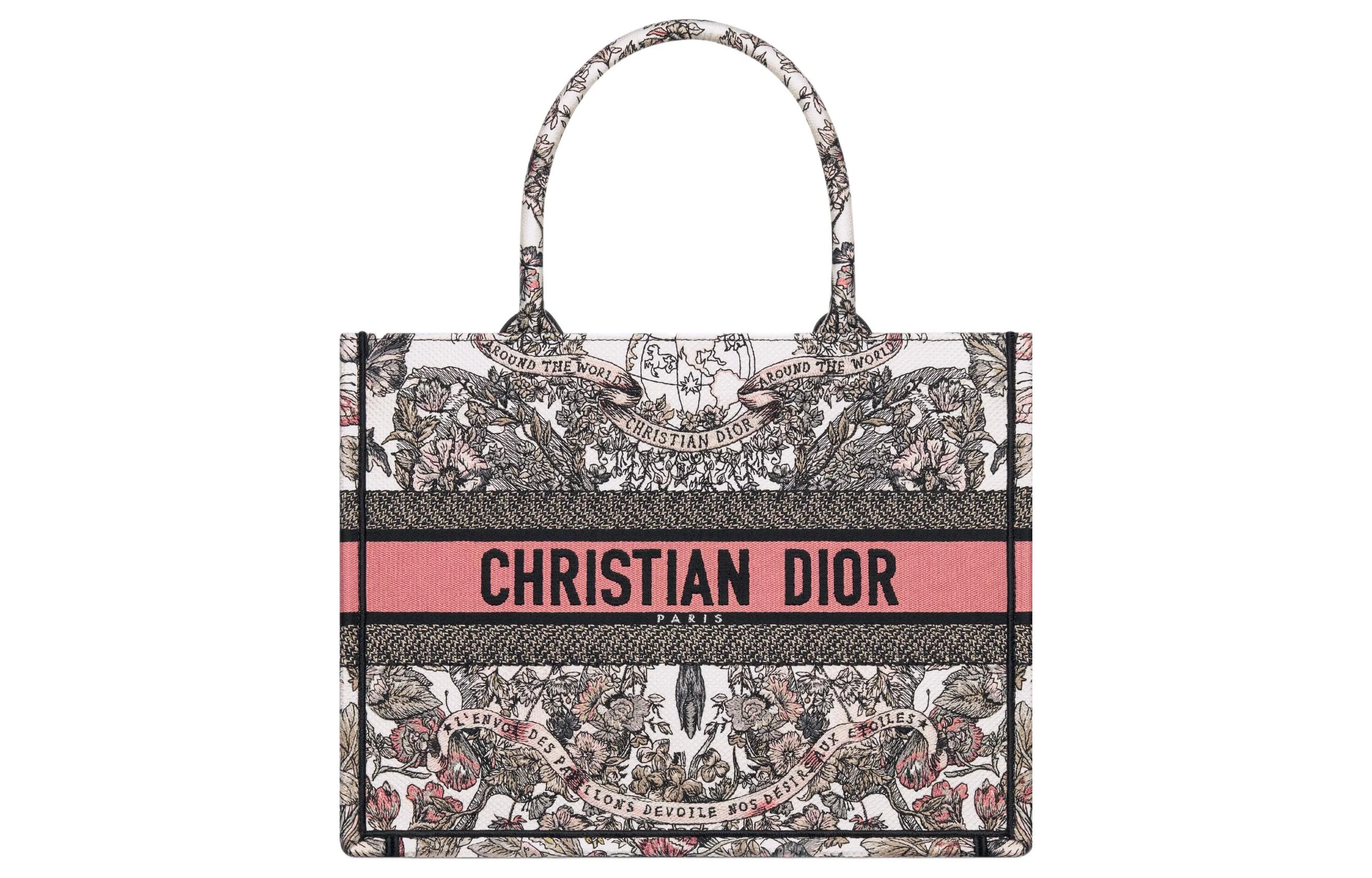 商品[国内直发] Dior|迪奥 Book Tote Butterfly Around The World 图案 刺绣 托特包Tote包购物袋手提包 中号 女款 白色拼淡粉色,价格¥22853,第1张图片