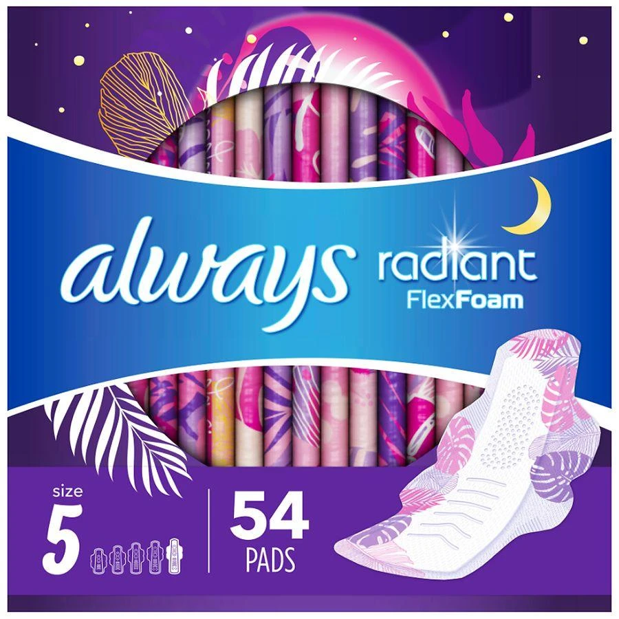 商品Always|Radiant Overnight Feminine Pads For Women, Extra Heavy, With Wings Light Clean, Size 5 (54 ct),价格¥284,第1张图片