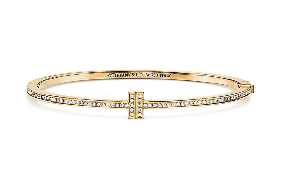 商品[国内直发] Tiffany & Co.|蒂芙尼 T 系列 镶钻铰链线圈手 18k金 手镯 男女同款情侣款 金色,价格¥53199,第1张图片