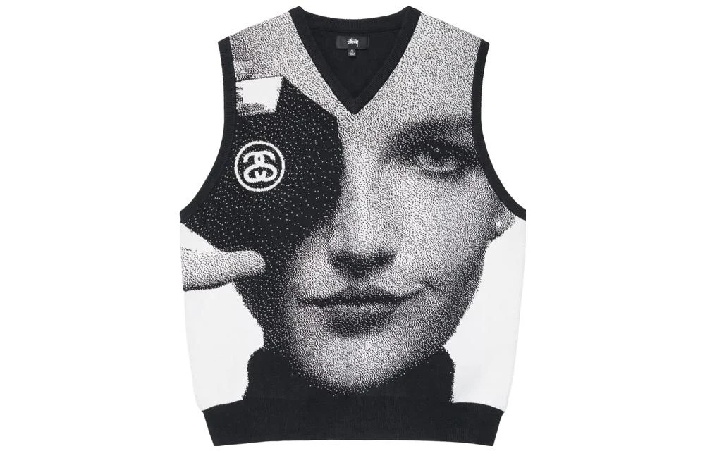 商品[国内直发] STUSSY|FW22 人脸照片提花印花V领背心美式复古马甲 男女同款 黑色,价格¥3743,第1张图片