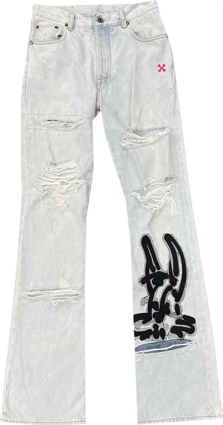 商品Off-White| OFF WHITE 兔子印花漂白效果做日破洞男士高腰牛仔裤OMYA065R20386008-7110,价格¥6386,第1张图片