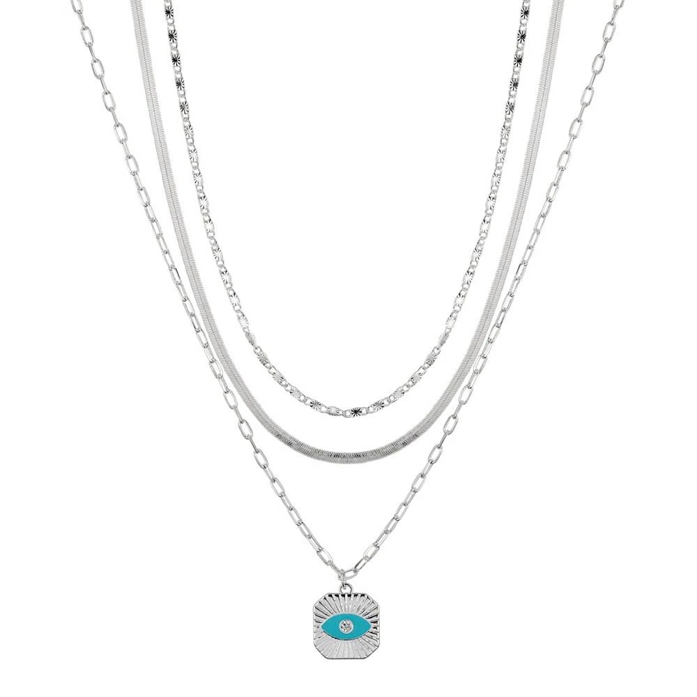 商品Unwritten|Fine Silver Plated Cubic Zirconia Evil Eye on a Link, Herringbone, Flat Circle Link Chain Necklace Set,价格¥150,第1张图片