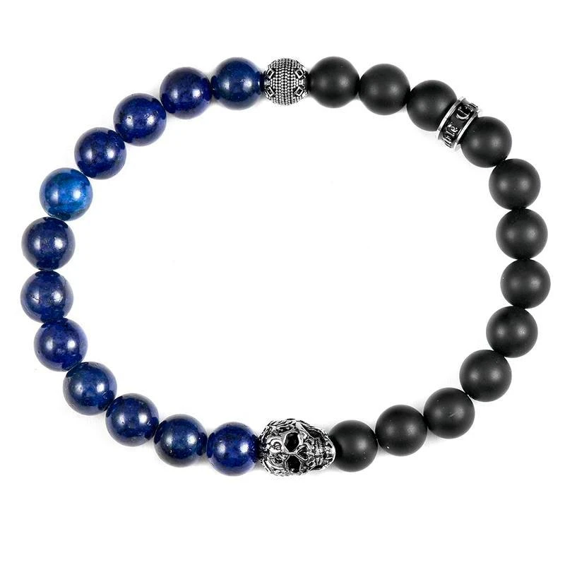 商品Crucible Jewelry|Crucible Los Angeles Single Gold Skull Stretch Bracelet with 8mm Matte Black Onyx and Lapis Lazuli Beads,价格¥356,第3张图片详细描述
